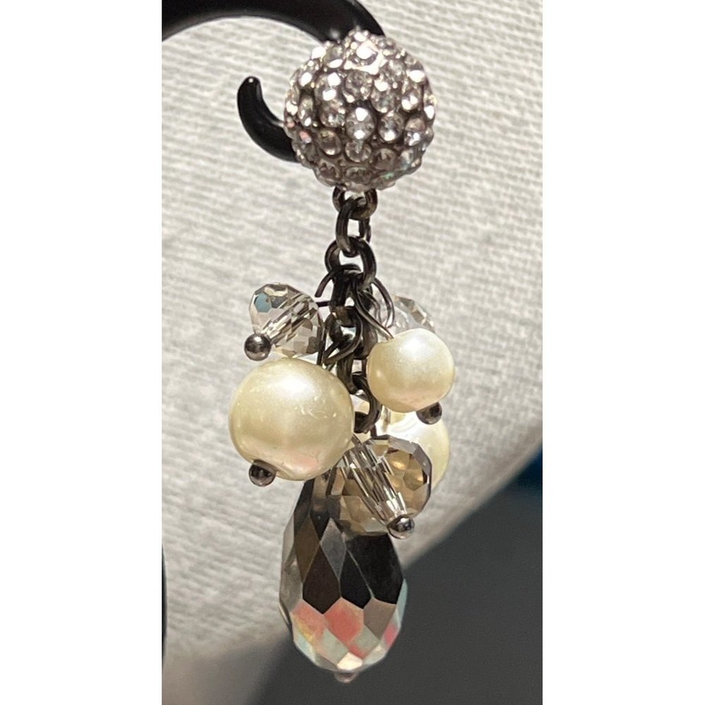 Dangle Faux Pearl & Grey Crystal Earrings Vintage